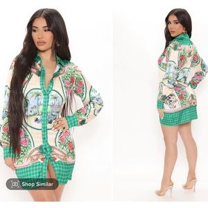 Feeling Lucky Satin Shirt Dress - Green/combo